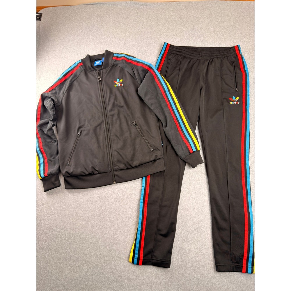 Adidas Originals Track Suit Set Black Multi Color Stripe Trefoil Jacket Pants S